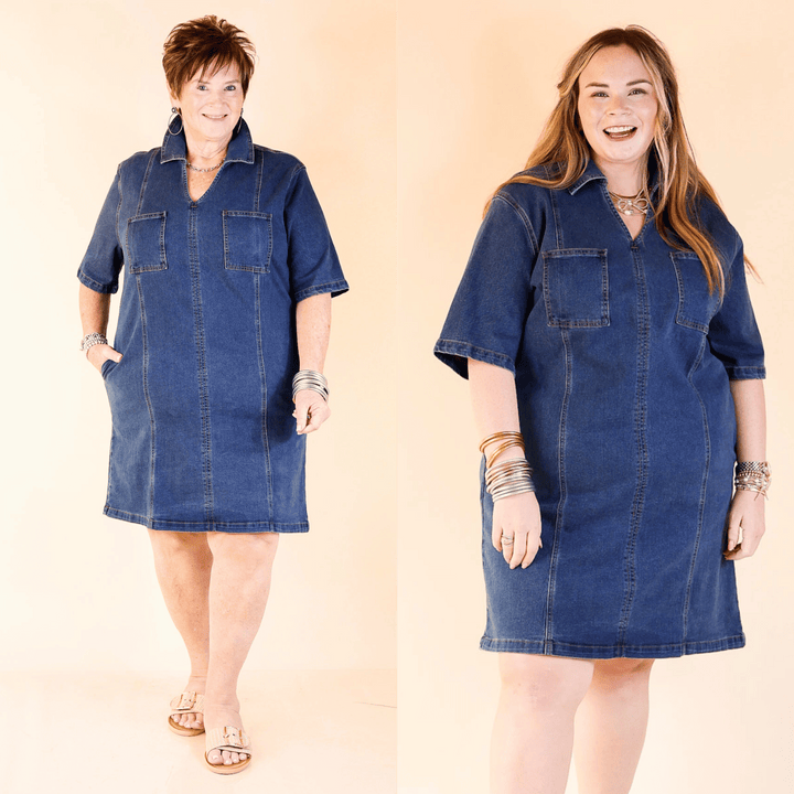 This dress features a V-neck, front patch pockets, and seam detailing in a dark wash—easy, flattering, and made for everyday wear. Sizes small through plus sizes 