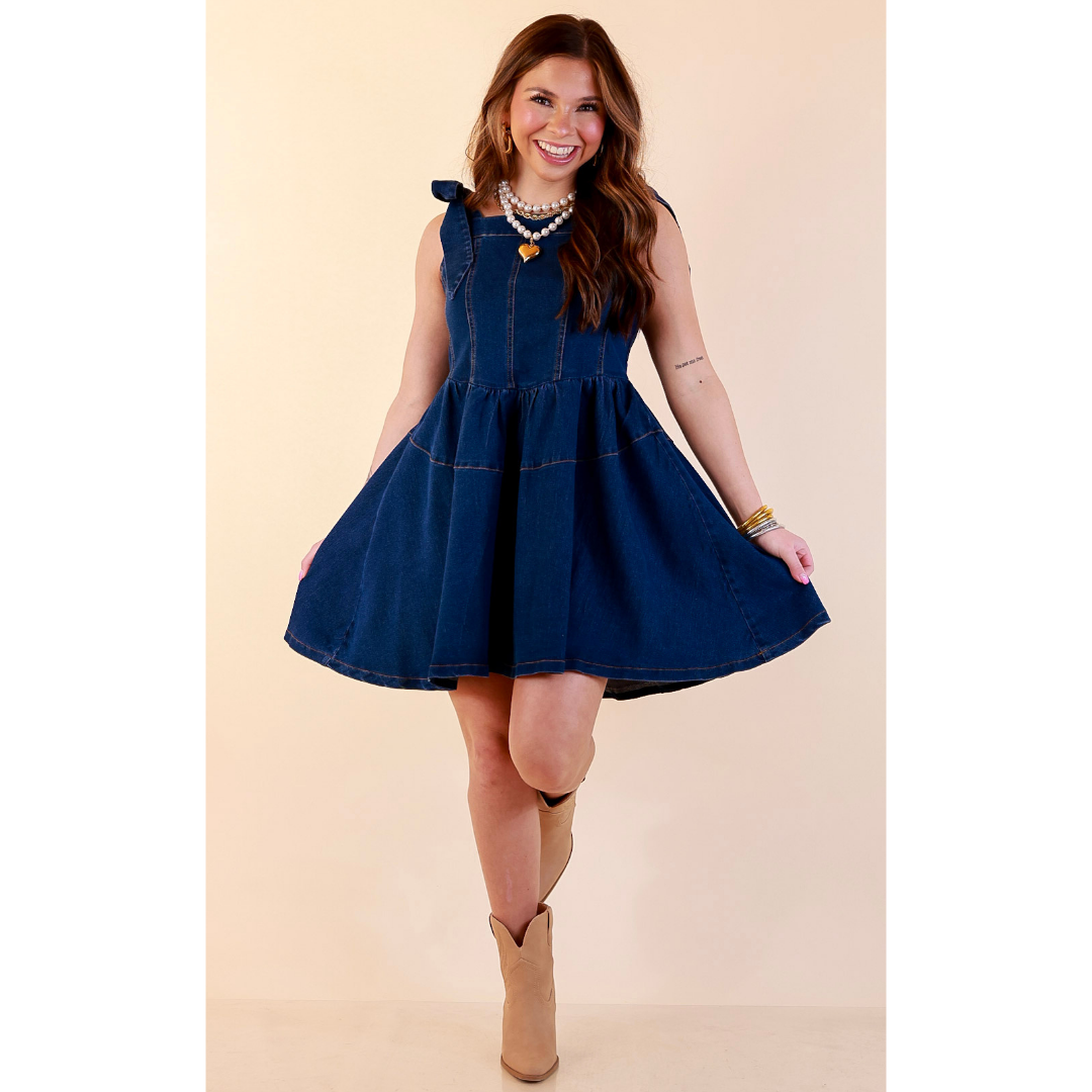 Denim Daydream Tie Shoulder Square Neck Tiered Corset Denim Mini Dress in Dark Wash