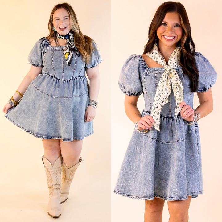 Denim Delight Babydoll Dress with Puff Sleeves in Medium Wash