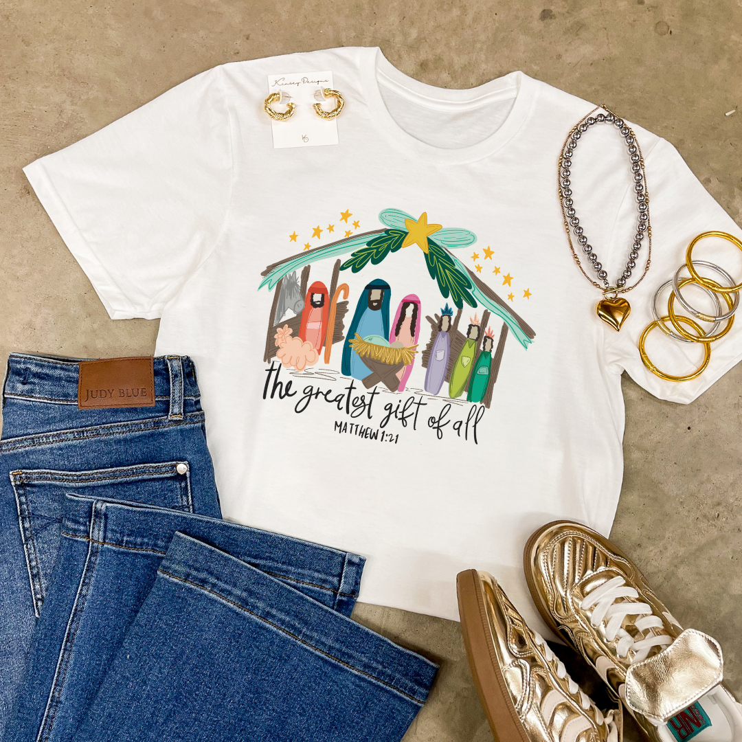 Online Exclusive | Matthew 1:21 Nativity Scene Graphic Tee in Multiple Color Options