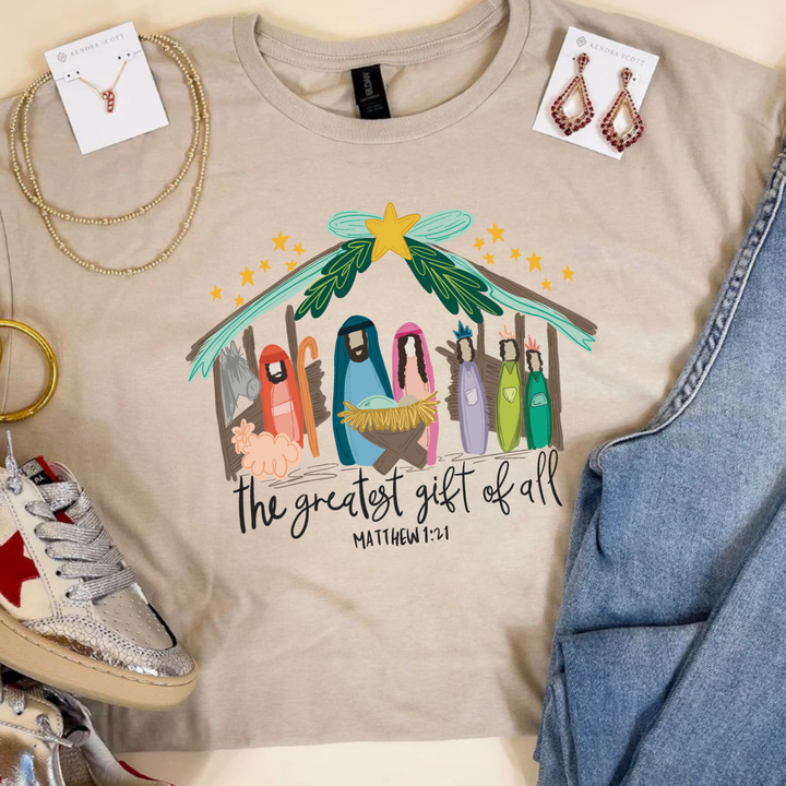 Online Exclusive | Matthew 1:21 Nativity Scene Graphic Tee in Multiple Color Options