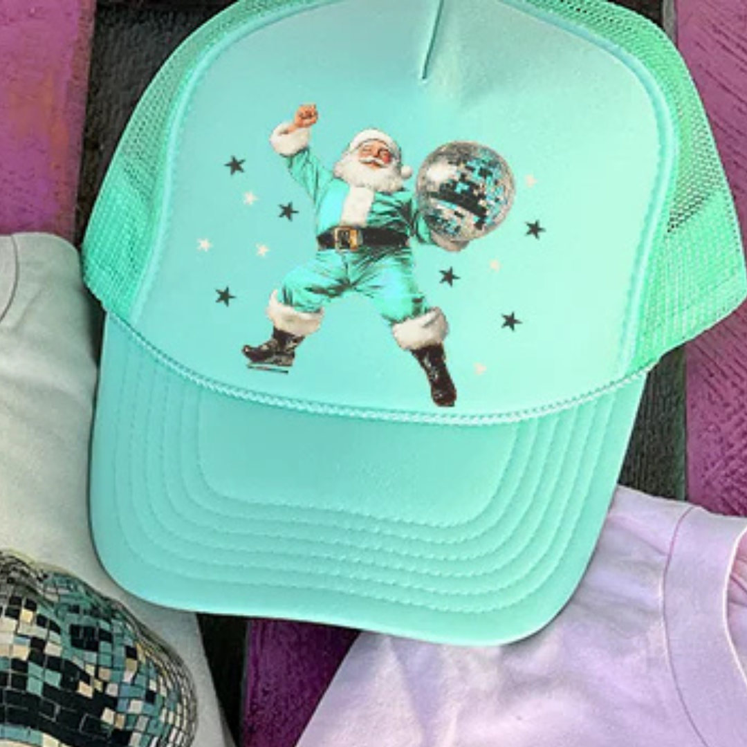 Online Exclusive | Disco Dancing Santa Trucker Cap in Seafoam Green