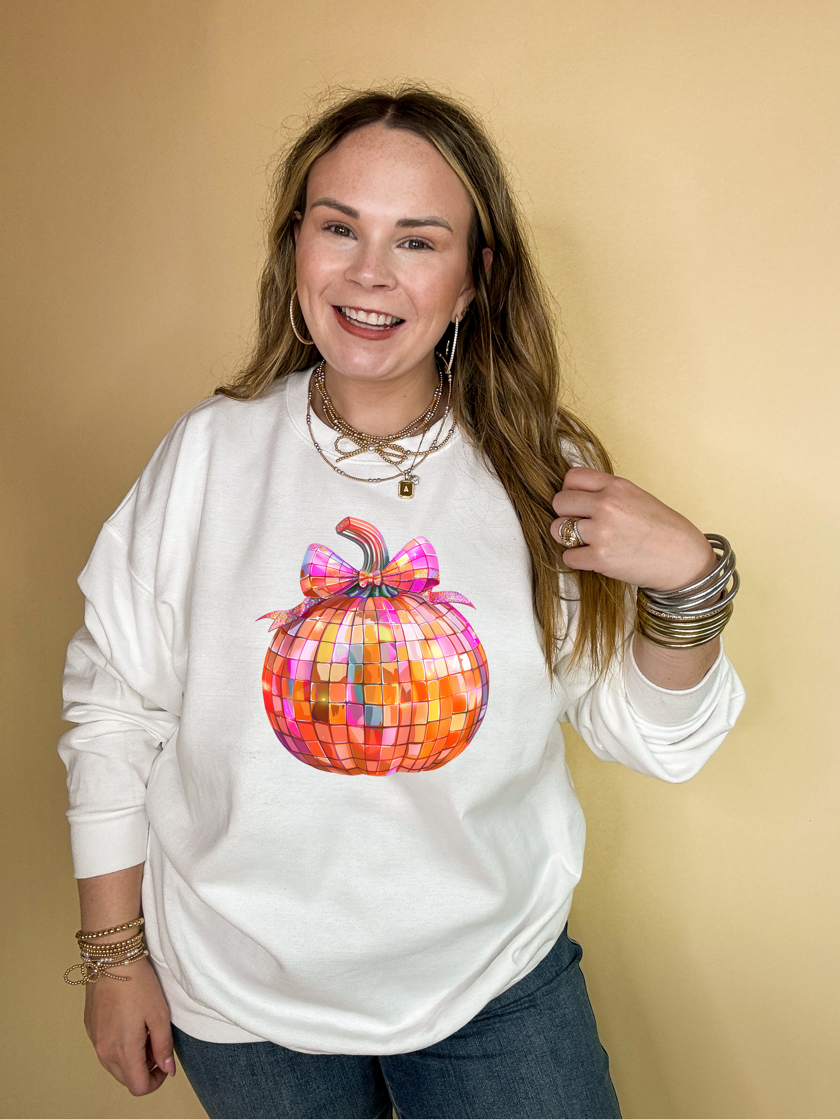 Online Exclusive | Disco Multi Colored Pumpkin with Bow Graphic Sweatshirt in Multiple Color Options