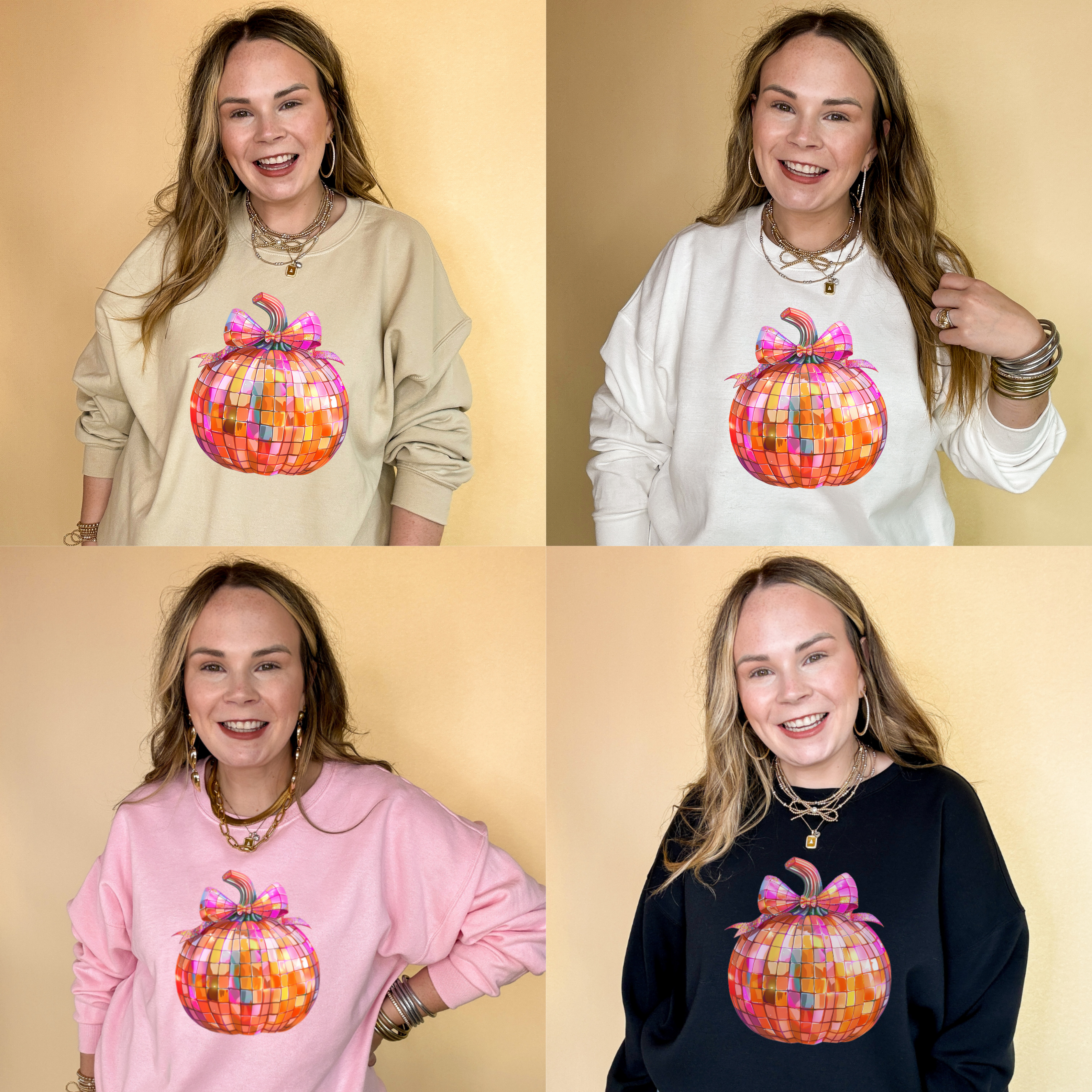 Online Exclusive | Disco Multi Colored Pumpkin with Bow Graphic Sweatshirt in Multiple Color Options