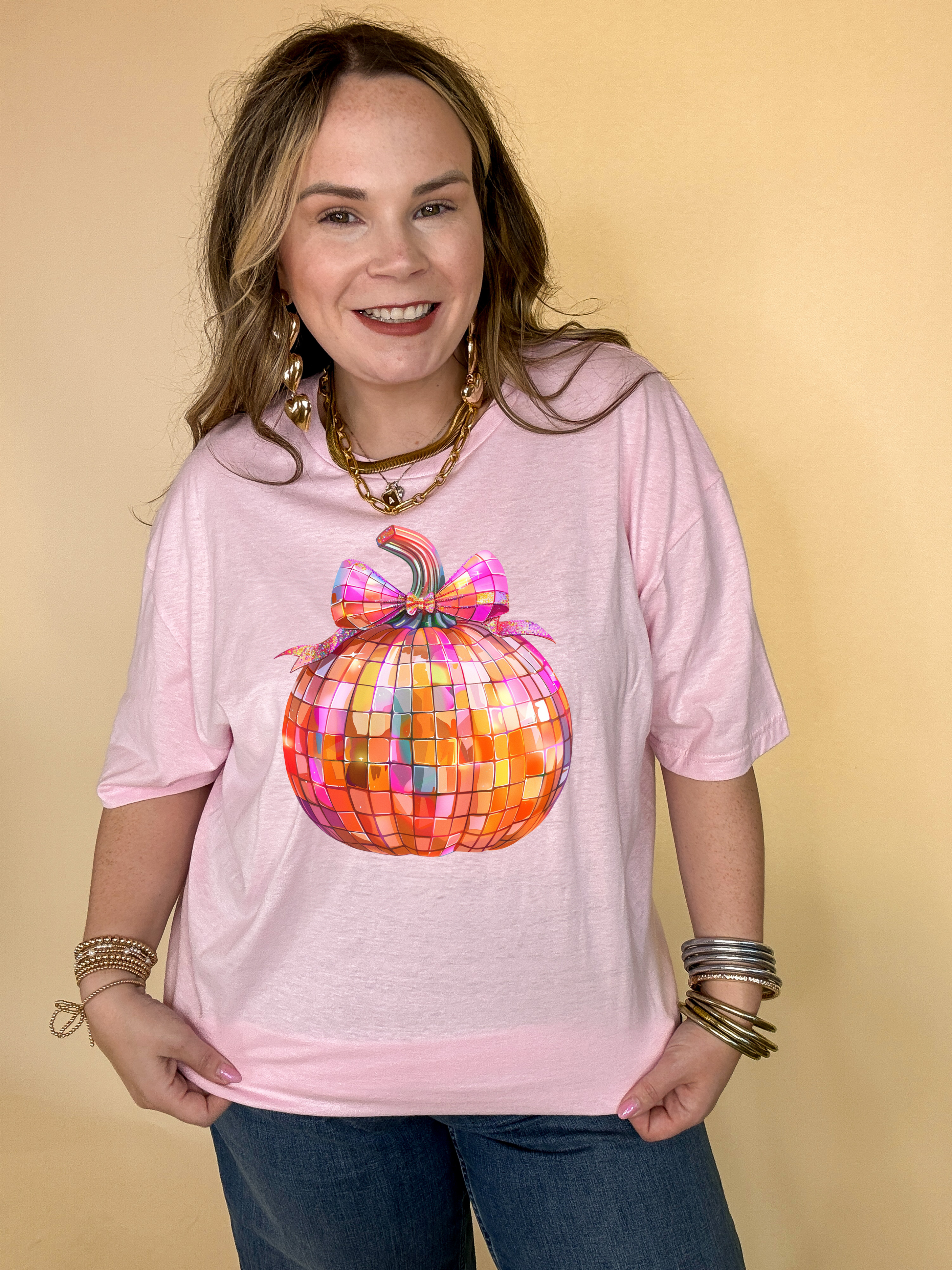 Online Exclusive | Disco Multi Colored Pumpkin with Bow Graphic Tee in Multiple Color Options