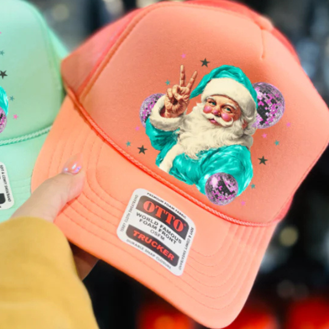 Online Exclusive | Disco Santa Peace Hand Trucker Cap in Coral