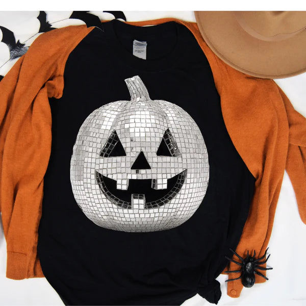 Black t-shirt with a disco ball pumpkin design on a white background