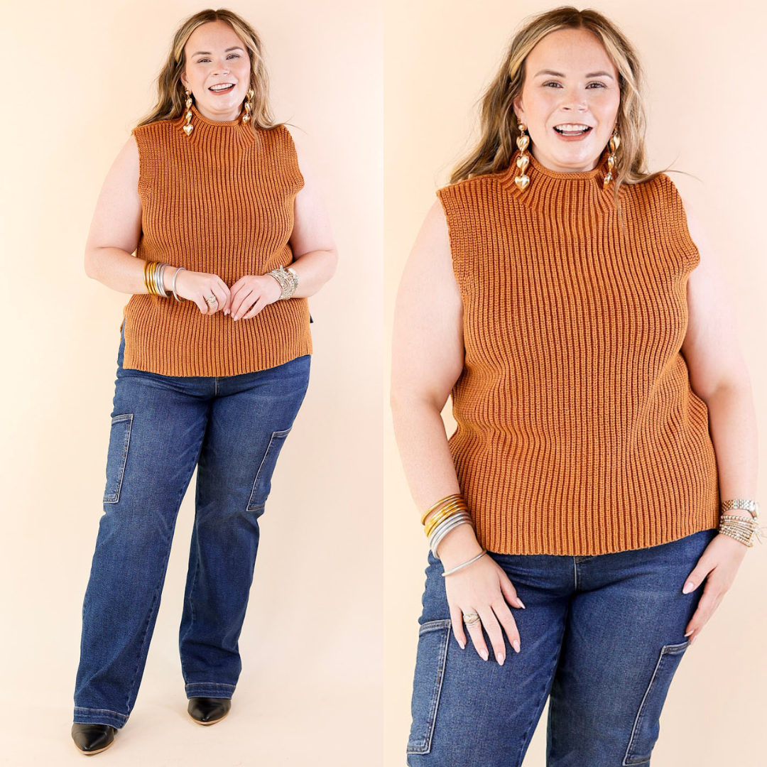 Doesn't Get Better Turtle Neck Sweater Tank Top in Camel Brown