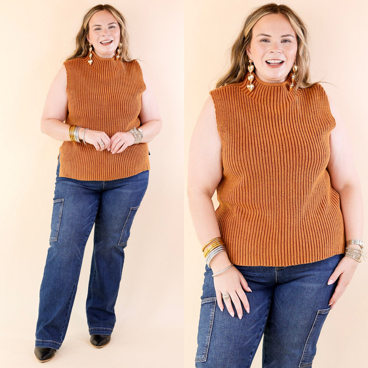 Doesn't Get Better Turtle Neck Knit Sweater Tank Top in Camel Brown