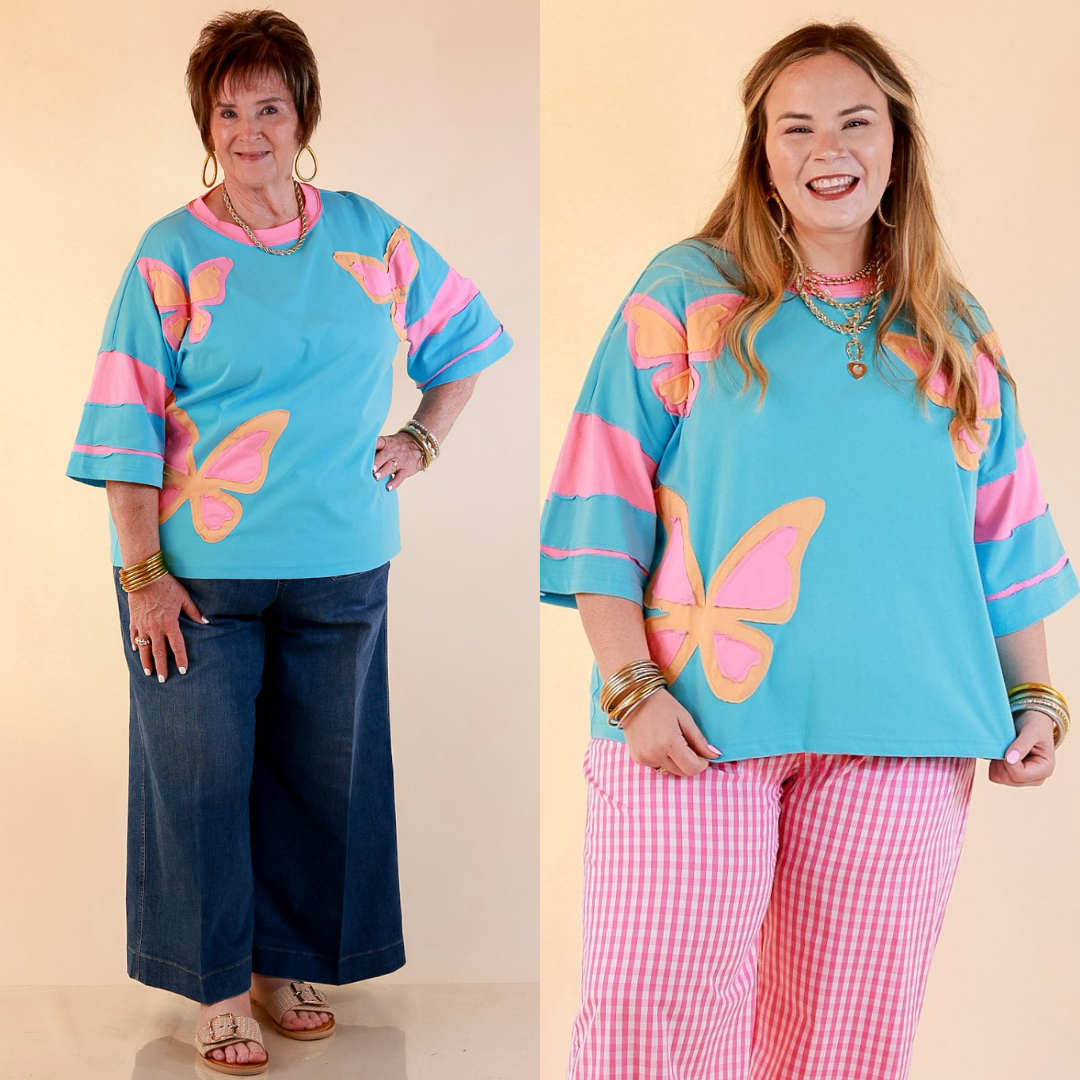 Dream in Color Butterfly Print Relaxed Short Sleeve Top with Contrast Sleeves in Turquoise Blue