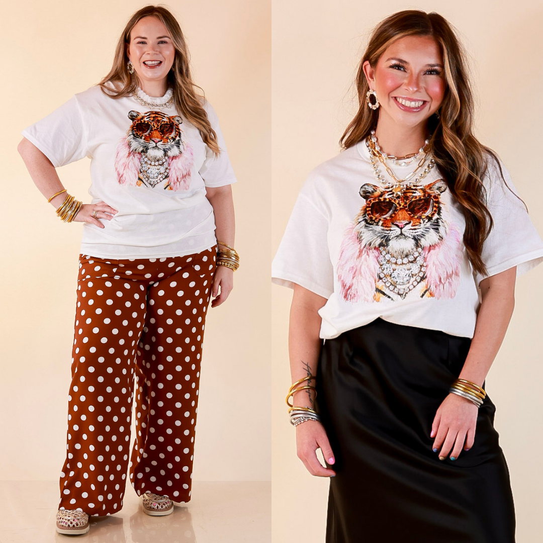 Dressed to Roar Glamourous Tiger Printed Short Sleeve Graphic in White