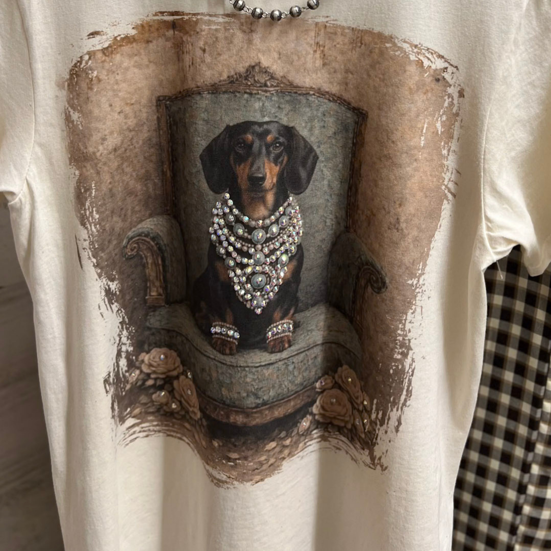 Duchess Desirae Glam Dachshund Dog Printed Short Sleeve Graphic Tee with Crystals in Cream