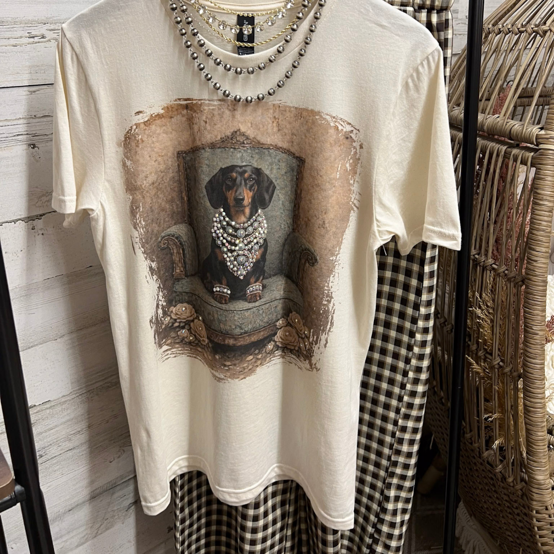 Duchess Desirae Glam Dachshund Dog Printed Short Sleeve Graphic Tee with Crystals in Cream