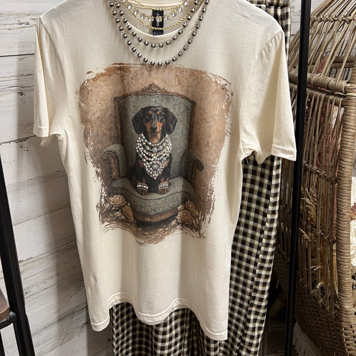 Duchess Desirae Glam Dachshund Dog Printed Short Sleeve Graphic Tee with Crystals in Cream