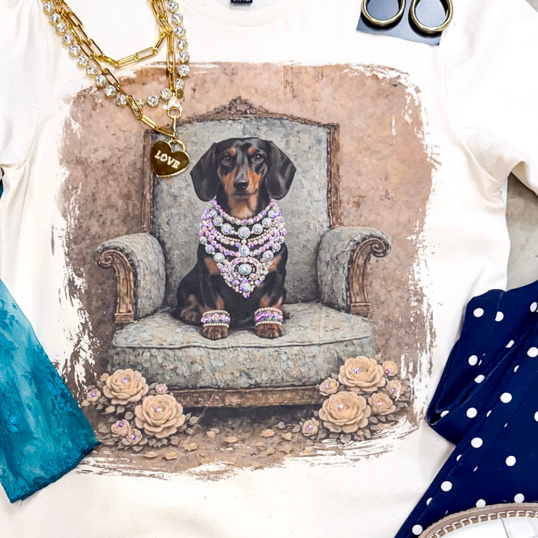 Duchess Desirae Glam Dachshund Dog Printed Short Sleeve Graphic Tee with Crystals in Cream