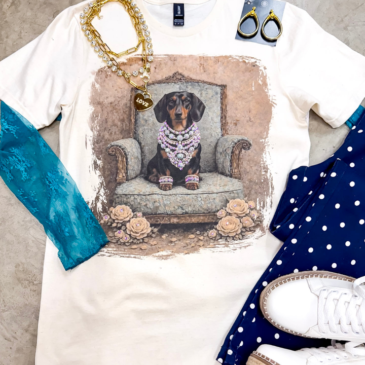 Duchess Desirae Glam Dachshund Dog Printed Short Sleeve Graphic Tee with Crystals in Cream