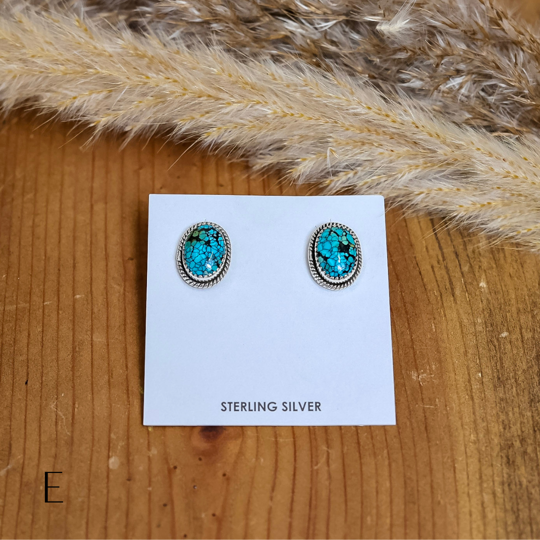 Navajo | Navajo Handmade Sterling Silver Oval Stud Earrings in Turquoise