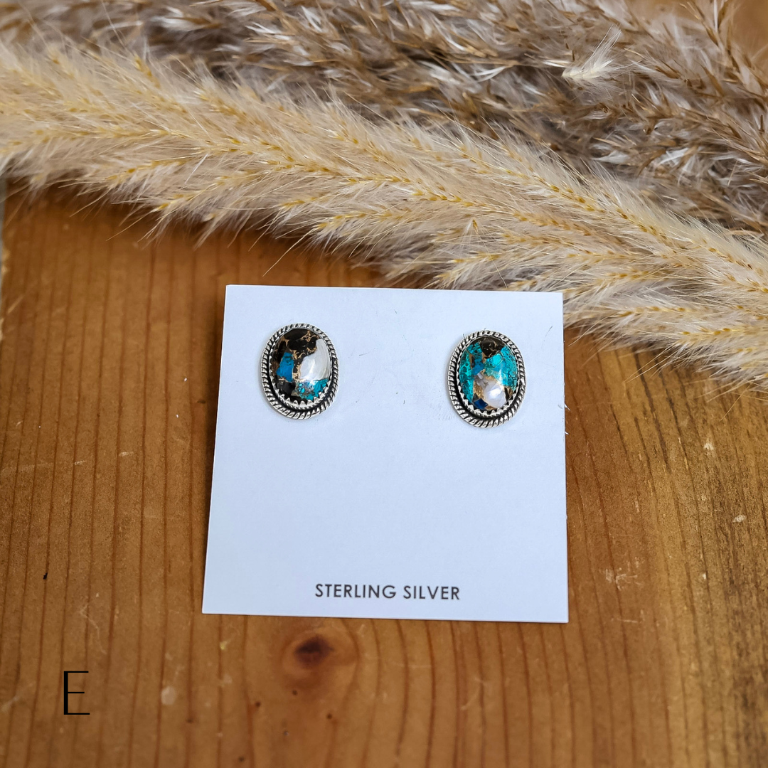 Navajo | Navajo Handmade Sterling Silver Oval Stud Earrings in Turquoise Mix