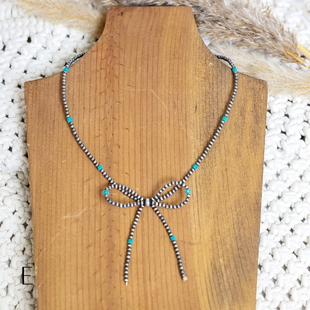 Navajo | Navajo Handmade Sterling Silver Turquoise Pearl Bow Necklace