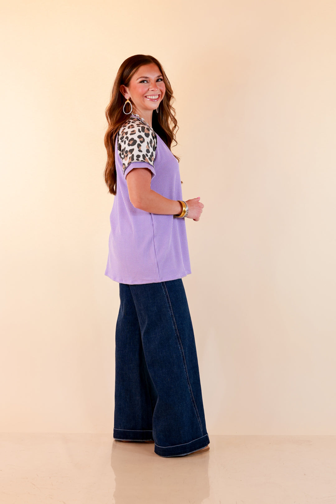 Easy Attraction Waffle Knit V Neck Top with Leopard Print Sleeves in Lavender Purple