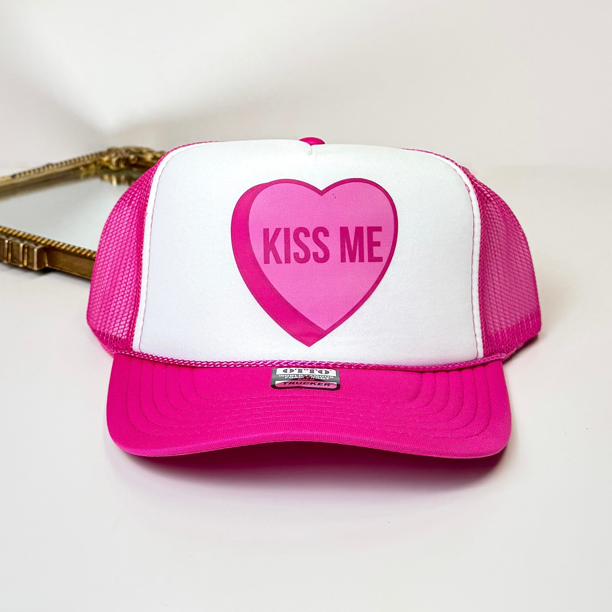 Kiss Me Conversation Heart Foam Trucker Hat in Hot Pink and White - Giddy Up Glamour Boutique