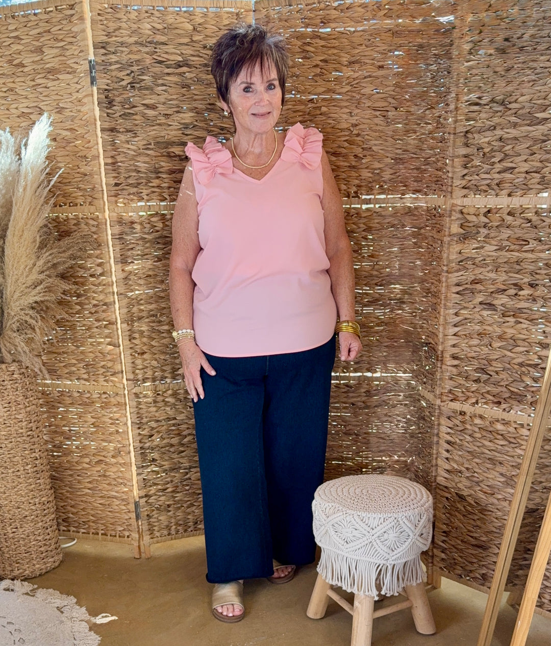 Plus Sizes | Ruffle Trim Sleeveless Top in Dusty Pink