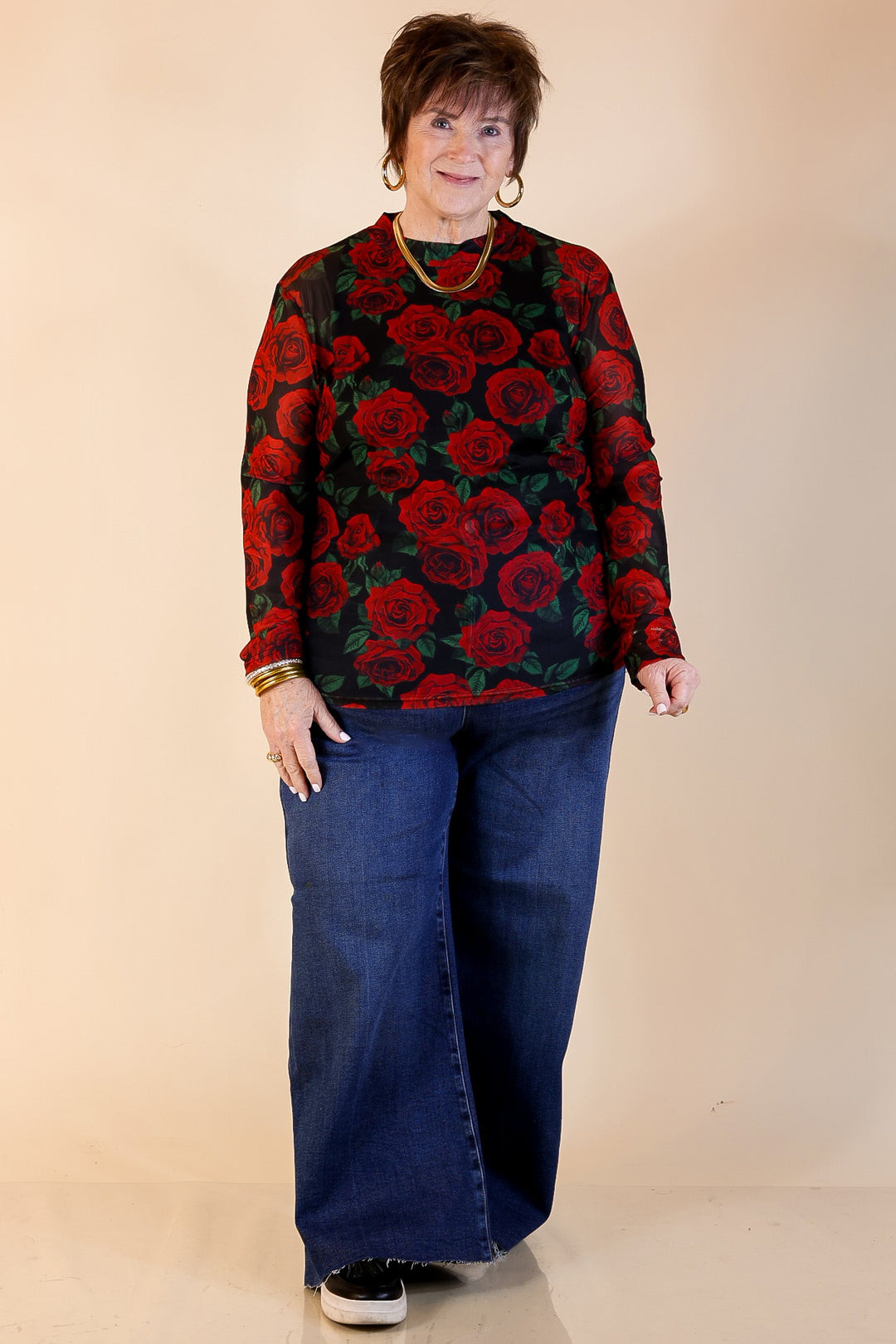 Sheer Confidence Red Rose Print Mesh Long Sleeve Top in Black