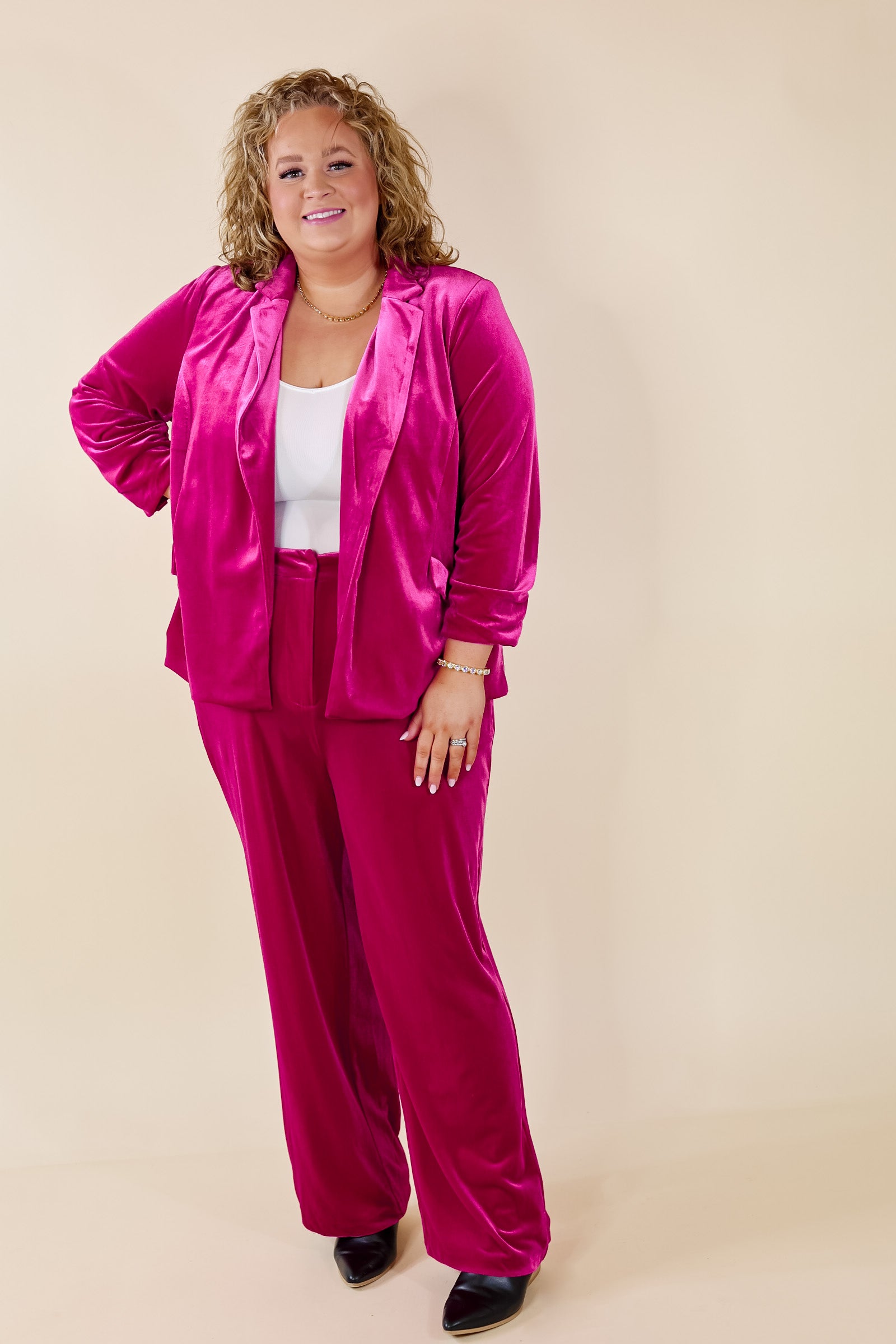 Chic Arrival 3/4 Sleeve Velvet Blazer in Fuchsia Pink - Giddy Up Glamour Boutique