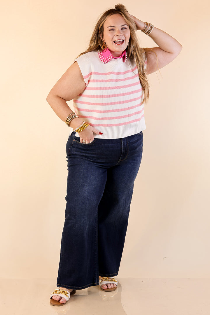Stripe Things Up Drop Shoulder Knit Sweater in White with Pink Stripes