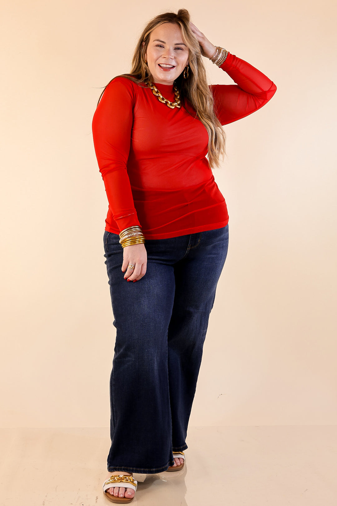 Sheer Confidence Solid Mesh Long Sleeve Top in Red