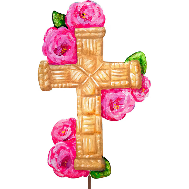 The Round Top Collection | Wicker Cross with Roses Garden Stake in Brown and Pink