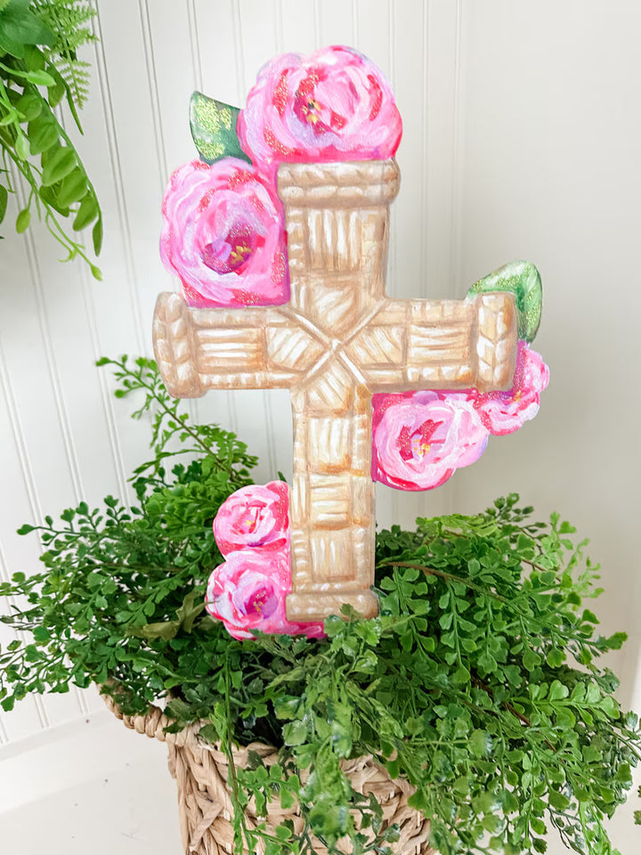 The Round Top Collection | Wicker Cross with Roses Garden Stake in Brown and Pink