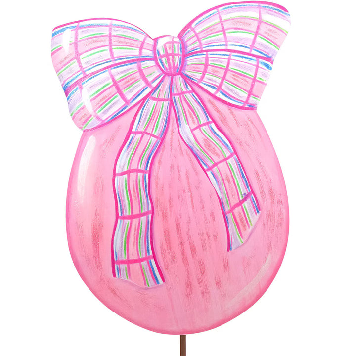 The Round Top Collection | Easter Egg with Plaid Bow Large Sized Yard Stake in Pink