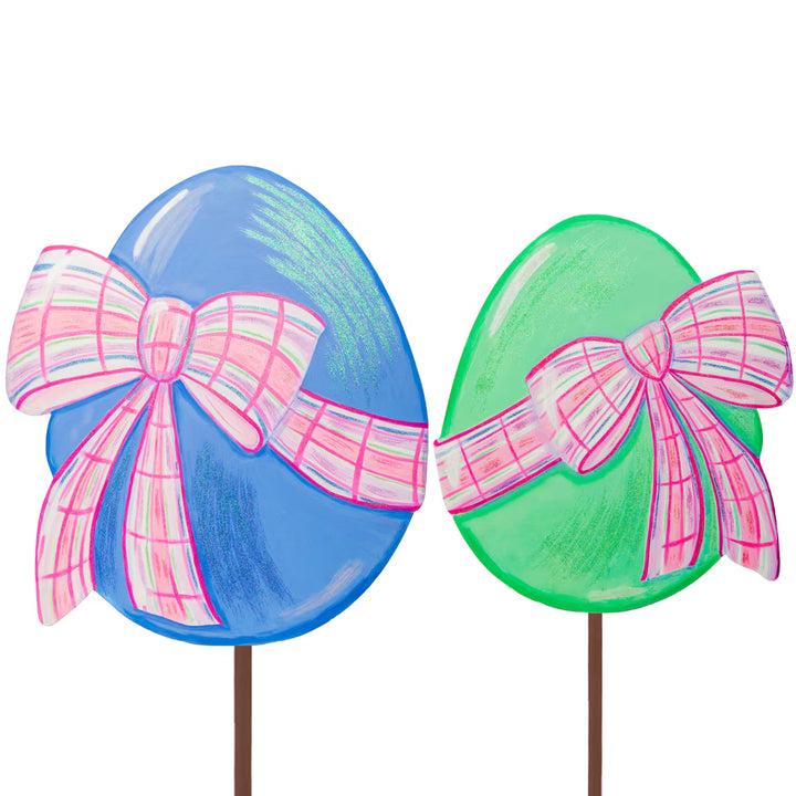 The Round Top Collection | Medium Easter Eggs with Plaid Bows Yard Stake in Multiple Colors