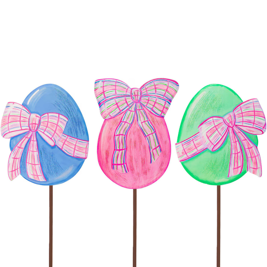 The Round Top Collection | Small Easter Eggs with Plaid Bows Stakes in Multiple Colors