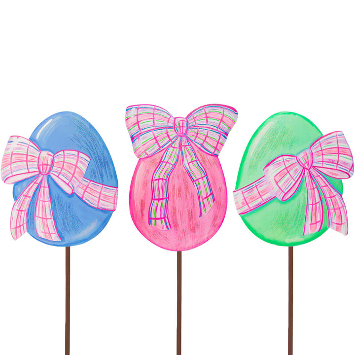 The Round Top Collection | Small Easter Eggs with Plaid Bows Stakes in Multiple Colors
