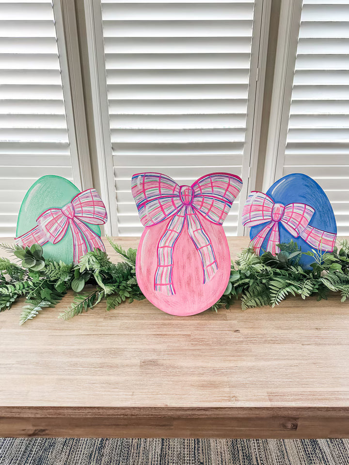 The Round Top Collection | Small Easter Eggs with Plaid Bows Stakes in Multiple Colors