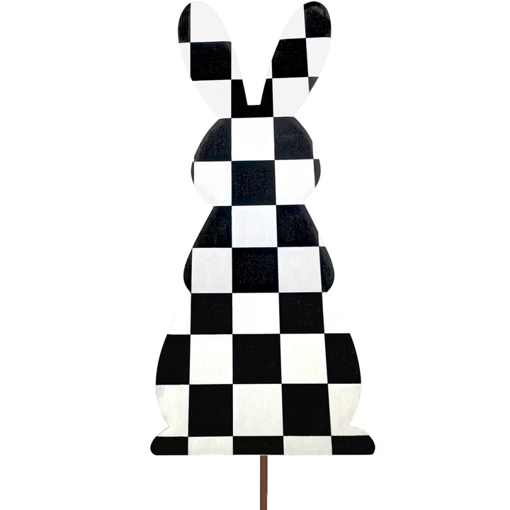 The Round Top Collection | Elegant Checked Rabbit Large Yard Stake in Black and White