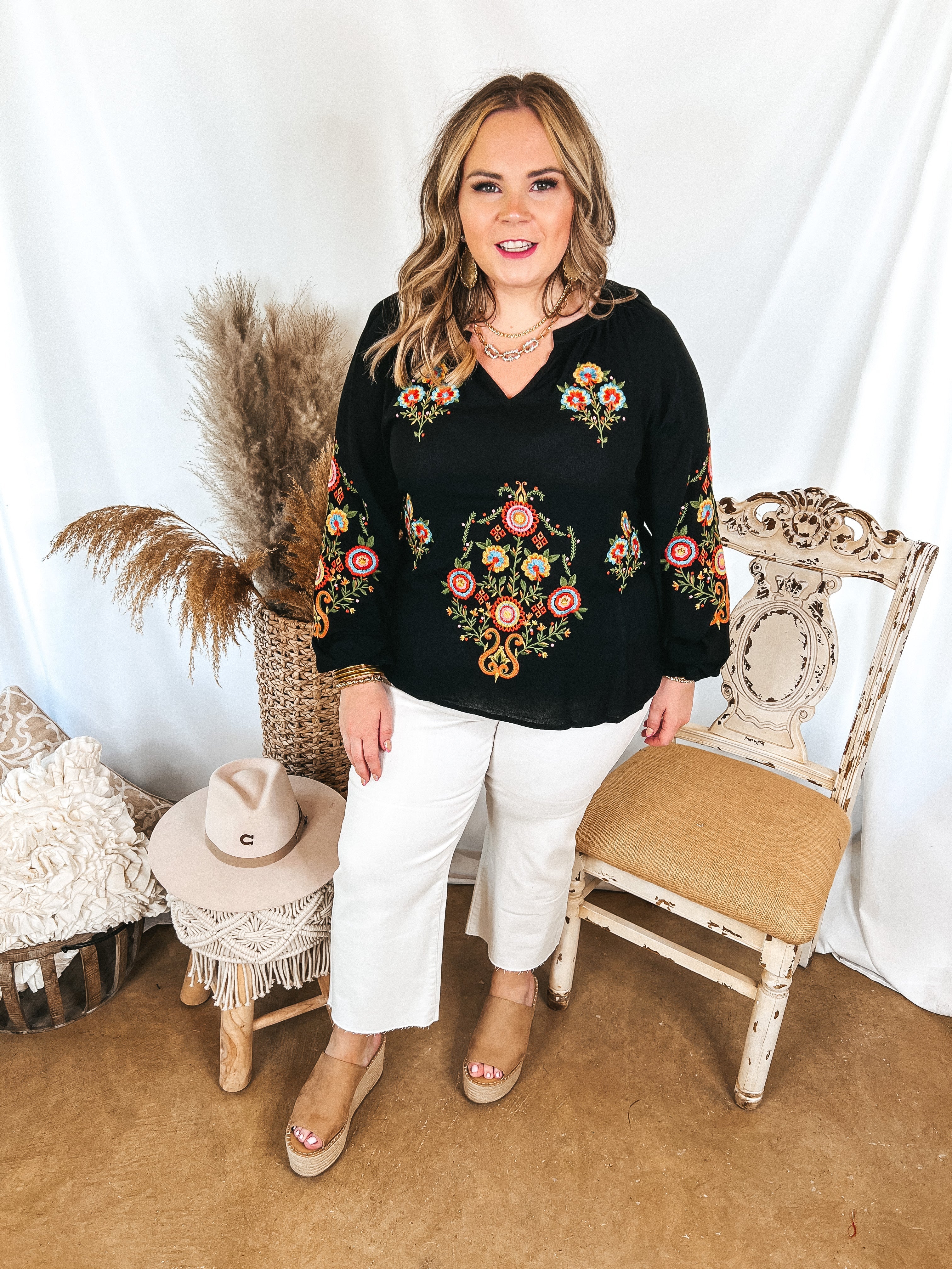 Dreamy Destination Floral Embroidered Long Sleeve Top in Black - Giddy Up Glamour Boutique