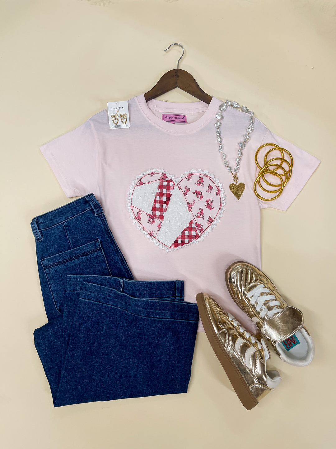 Simply Southern | Sweetly Yours Patchwork Heart with Lace Trim Short Sleeve T-Shirt in Pink