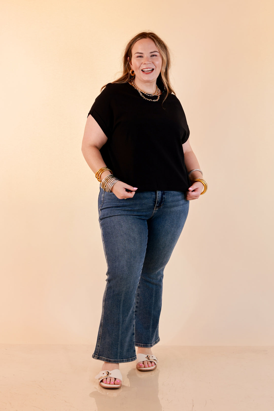 Laidback Luxe Rolled Drop Sleeve Relaxed Fit Basic Short Sleeve Top in Black