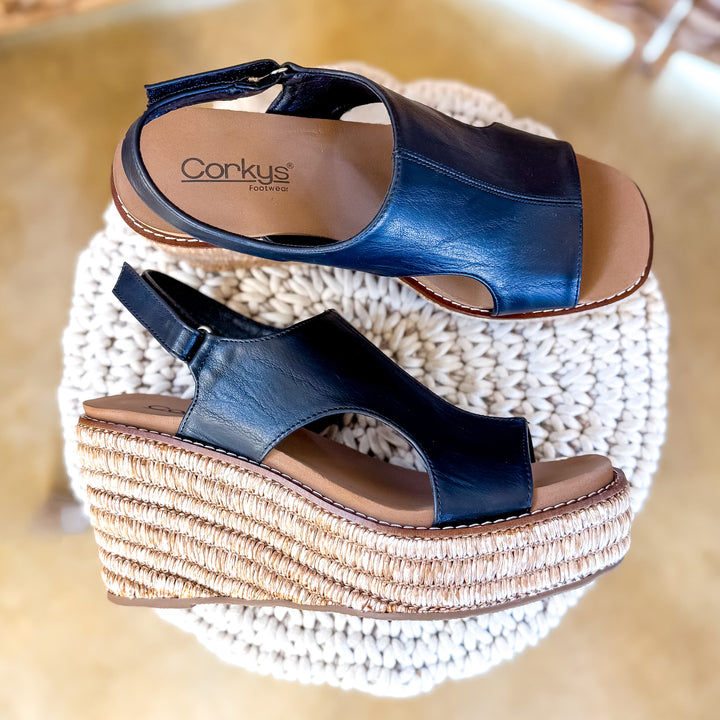 Corky's | Freddie Wedge Sandal with Velcro Strap in Black Smooth