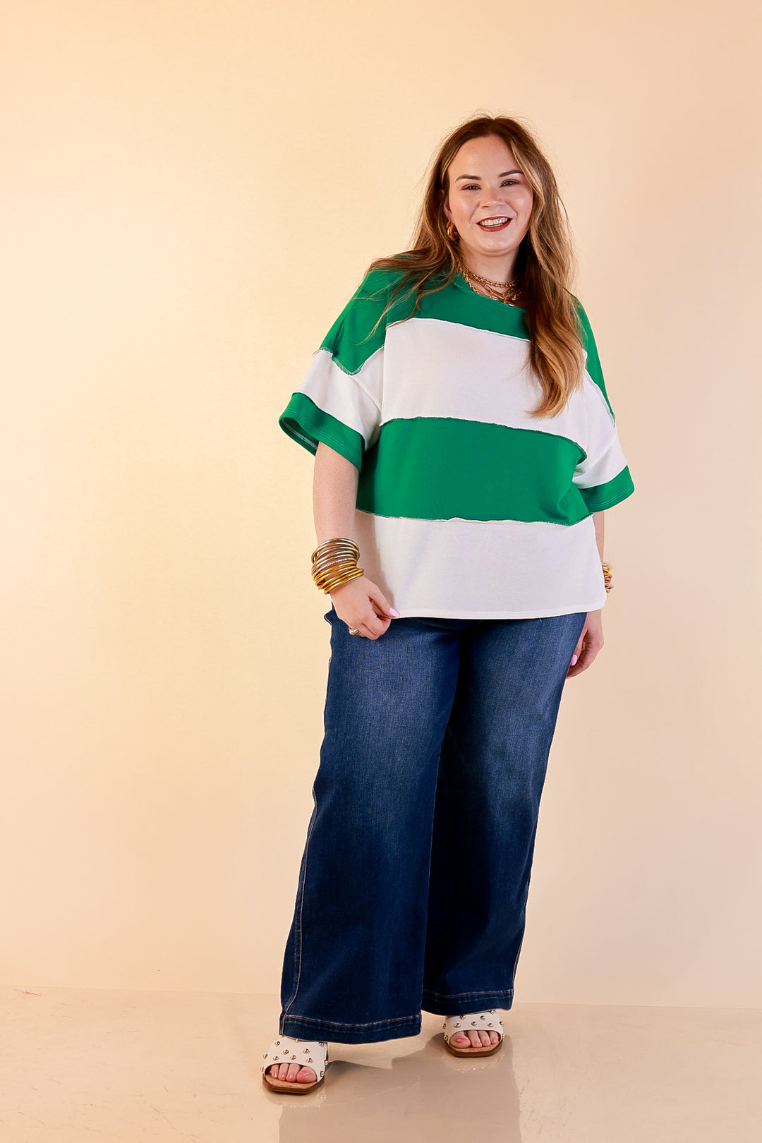 Simply Striking Color Block Rugby Style Wide Stripe Relaxed Short Sleeve Top in Kelly Green