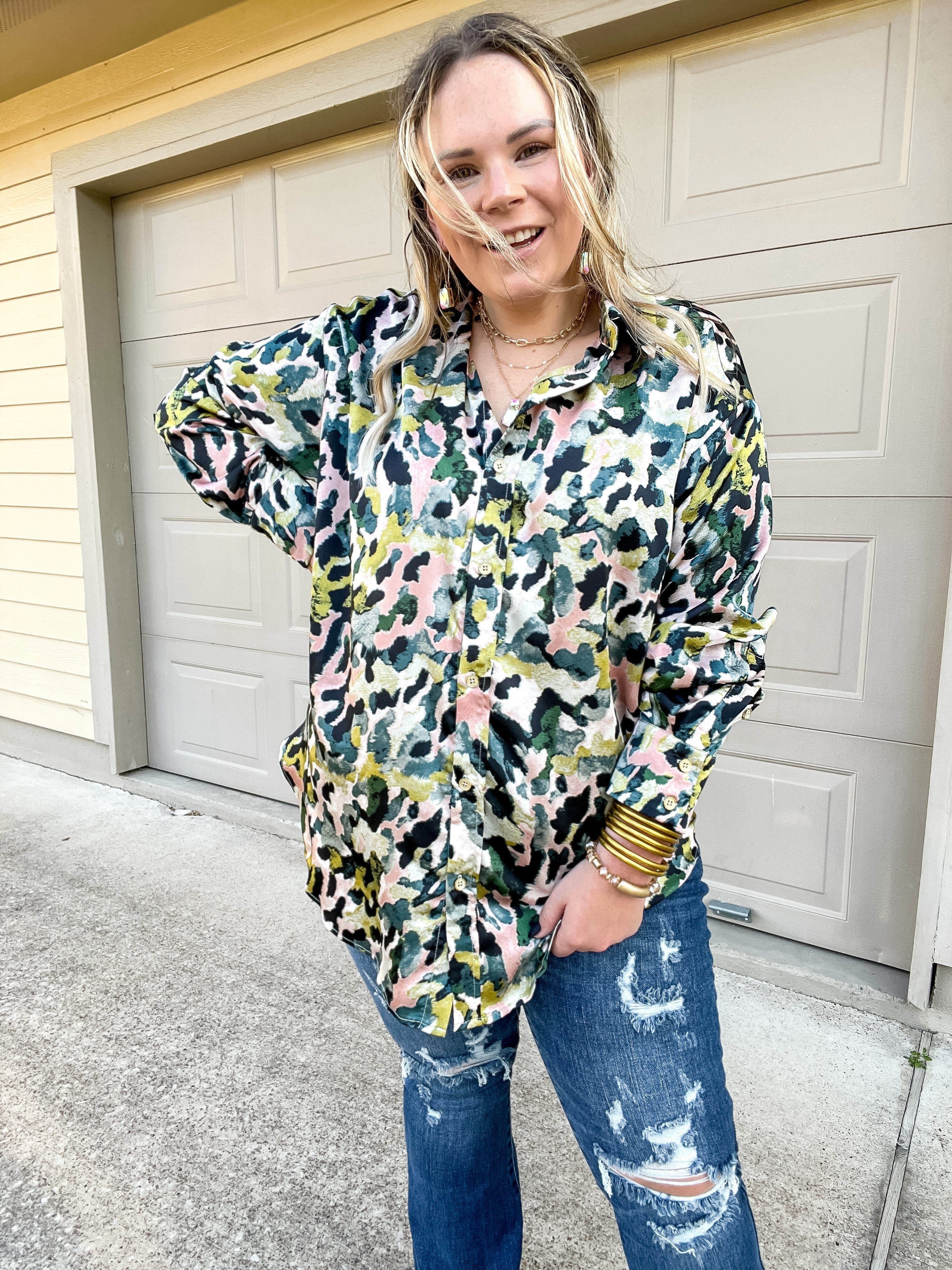 Tell Me Something Good Long Sleeve Button Up Watercolor Animal Print Top in Green Mix - Giddy Up Glamour Boutique