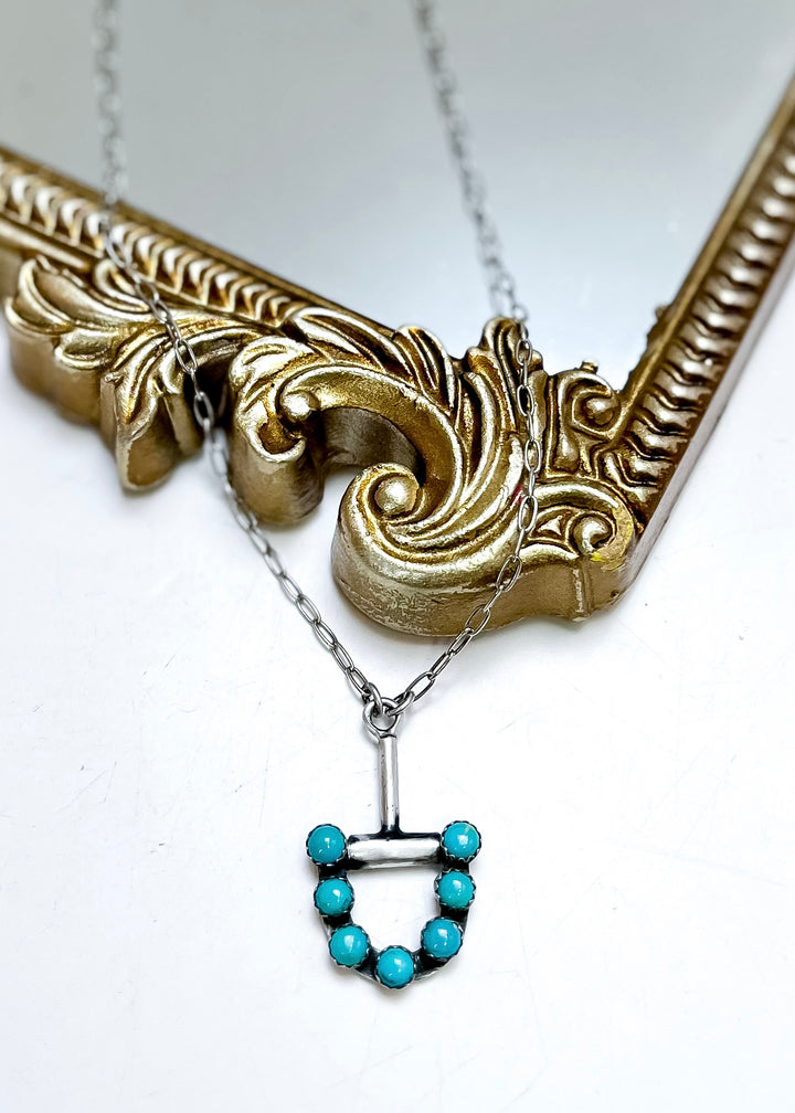 Sterling silver turquoise horse bit necklace with adjustable chain, Native American western jewelry necklace