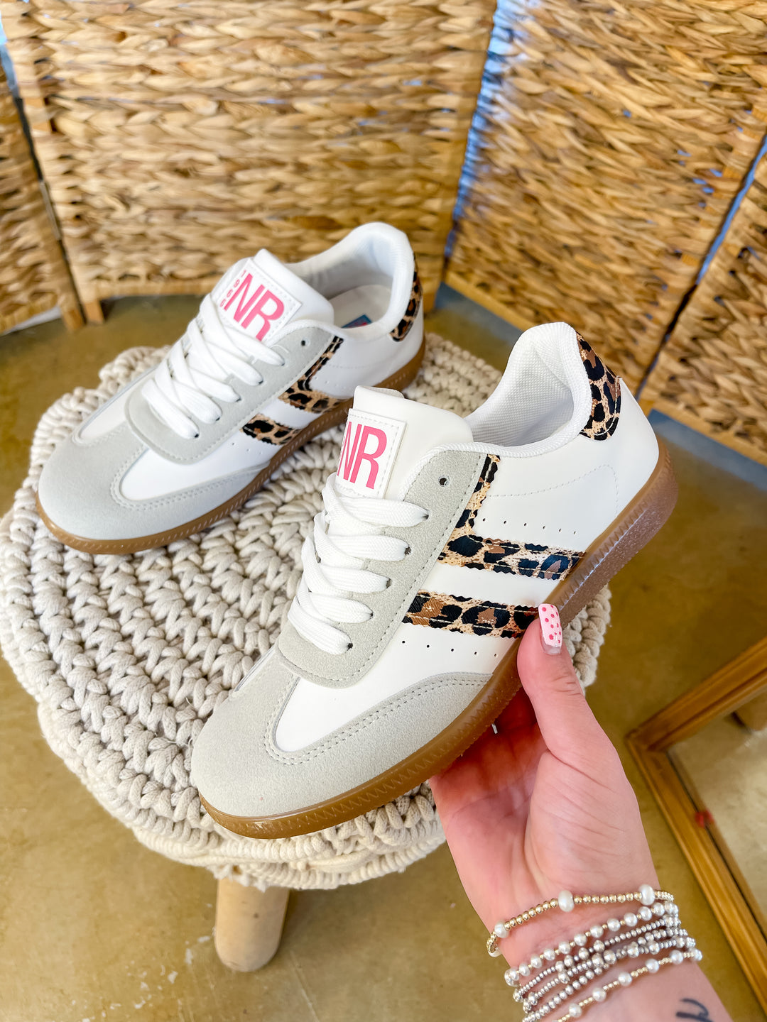 Naughty Monkey | Right on Track Retro Lace-Up Sneaker in White with Leopard Print Detail