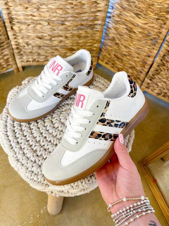 Naughty Monkey | Right on Track Retro Lace-Up Sneaker in White with Leopard Print Detail