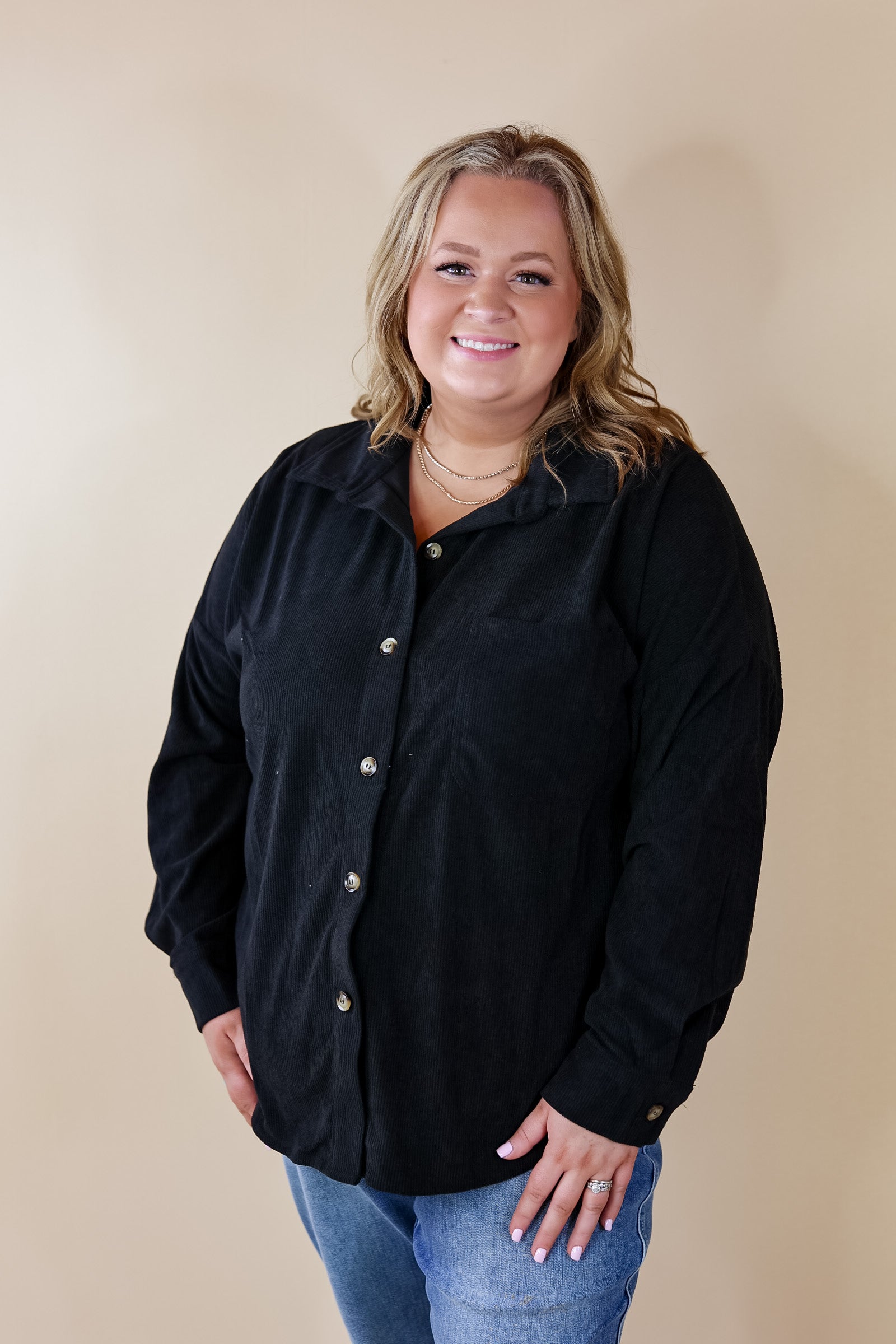 Plus Sizes | Captivating Cuteness Corduroy Button Up Shacket in Black - Giddy Up Glamour Boutique