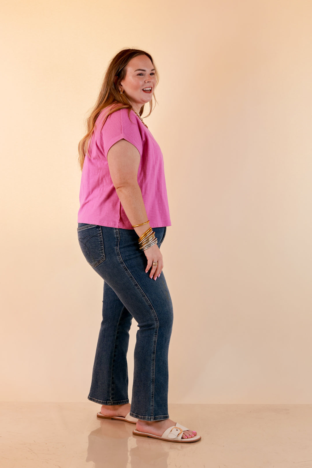 Laidback Luxe Rolled Drop Sleeve Relaxed Fit Basic Short Sleeve Top in Mauve Purple