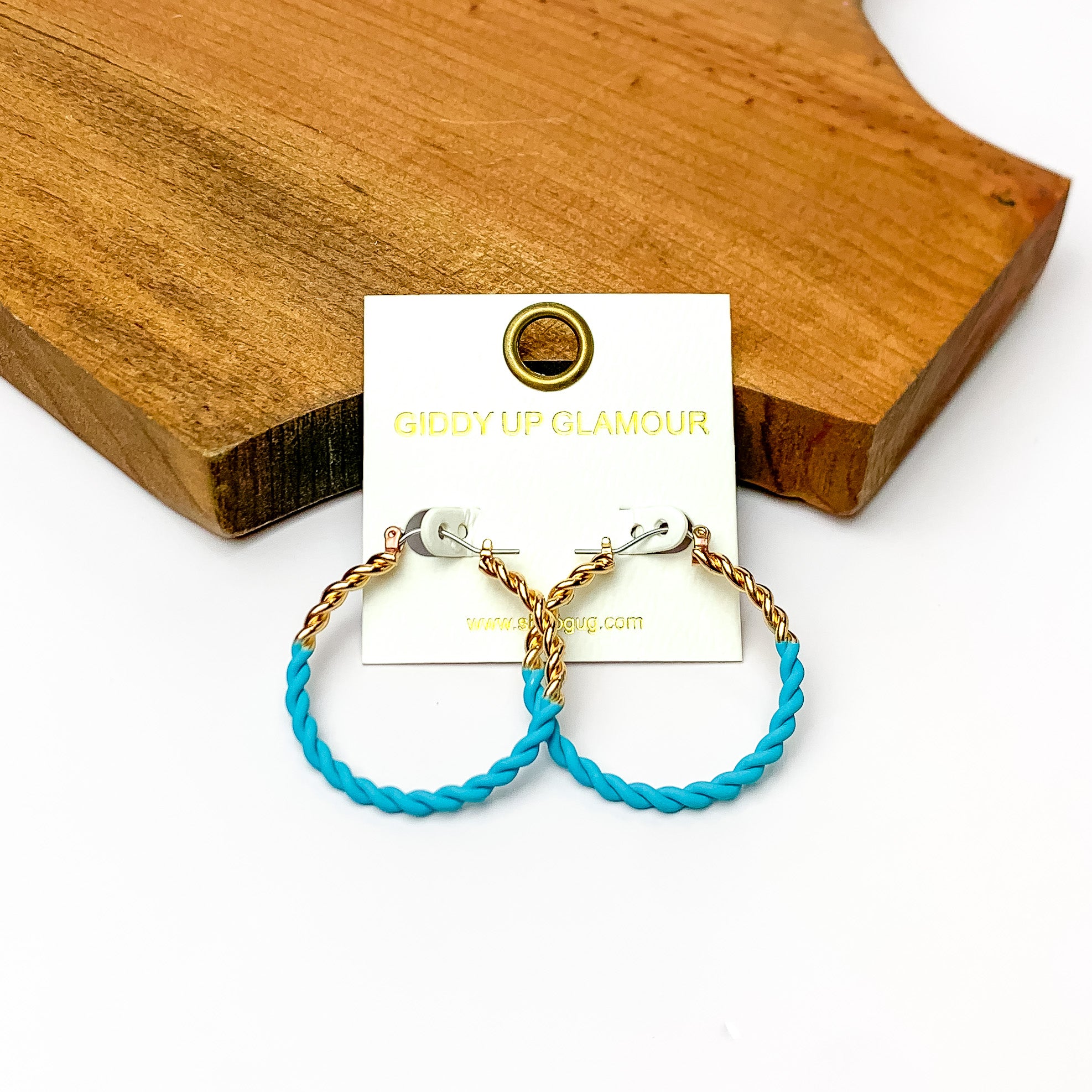 Twisted Gold Tone Hoop Earrings in Ocean Blue - Giddy Up Glamour Boutique